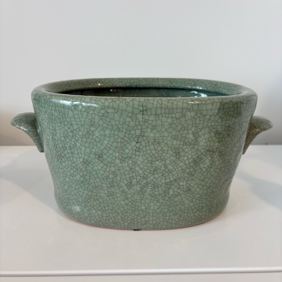 Vintage Chinese celadon crackle glaze porcelain planter oval shaped plant pot - Picture 5 of 11
